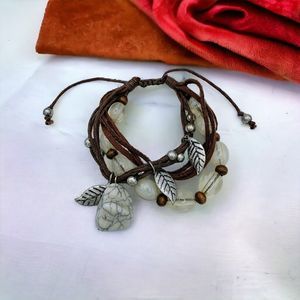 Bohemian Leather Charm Bracelet Wrap Glass Bead Leaves Stone Slider Brown